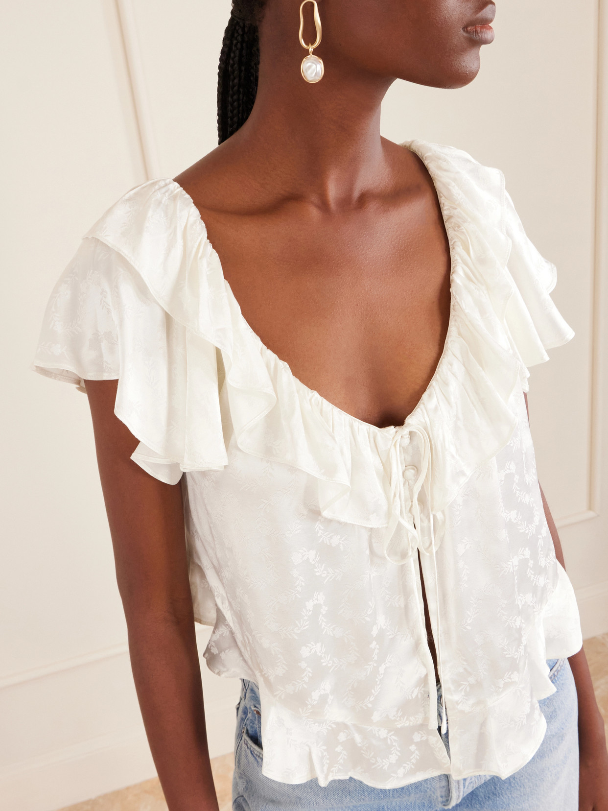 Dôen - Floriette Ruffled Satin-Jacquard Blouse