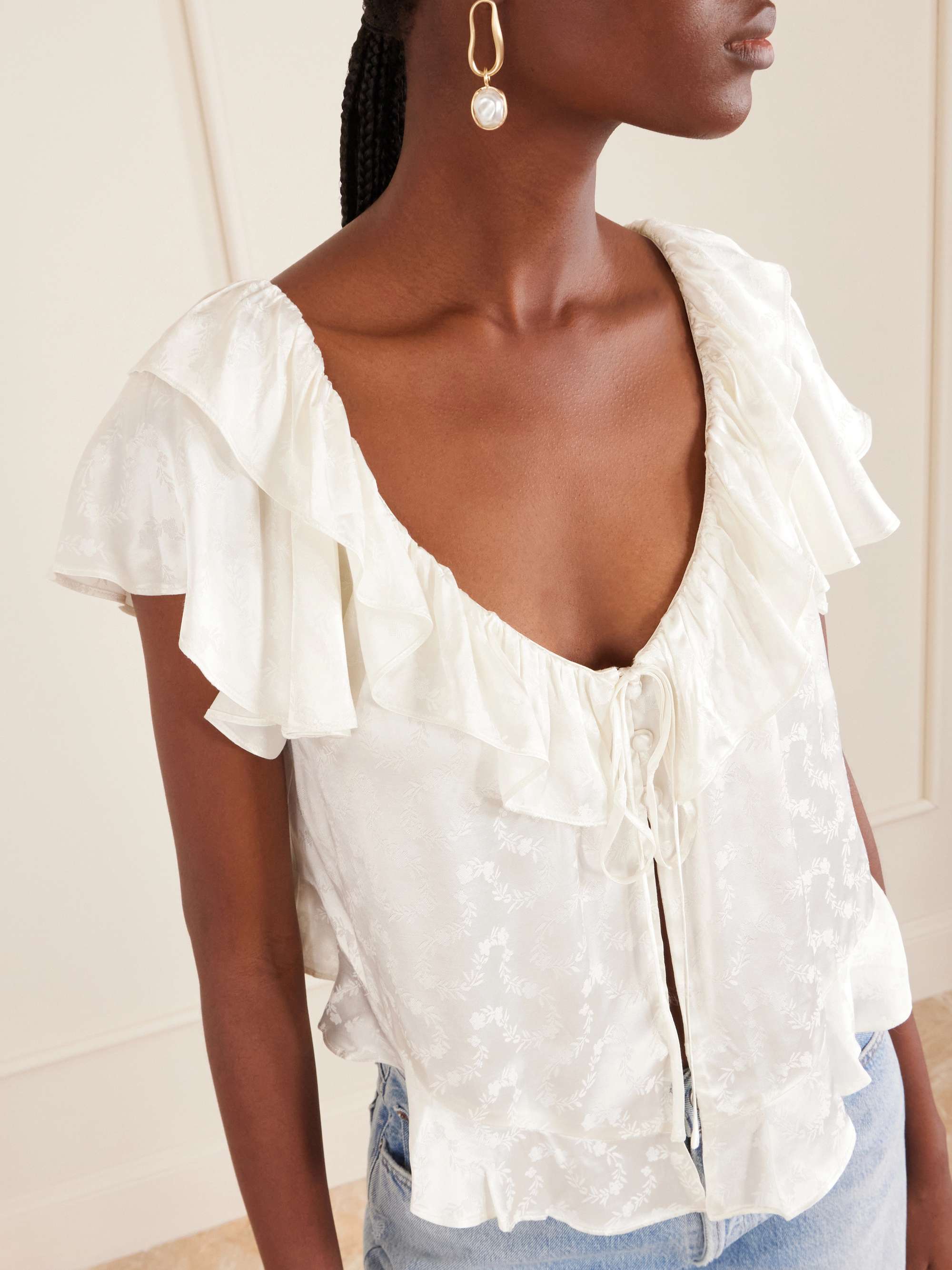 DÔEN Floriette ruffled satin-jacquard blouse | NET-A-PORTER