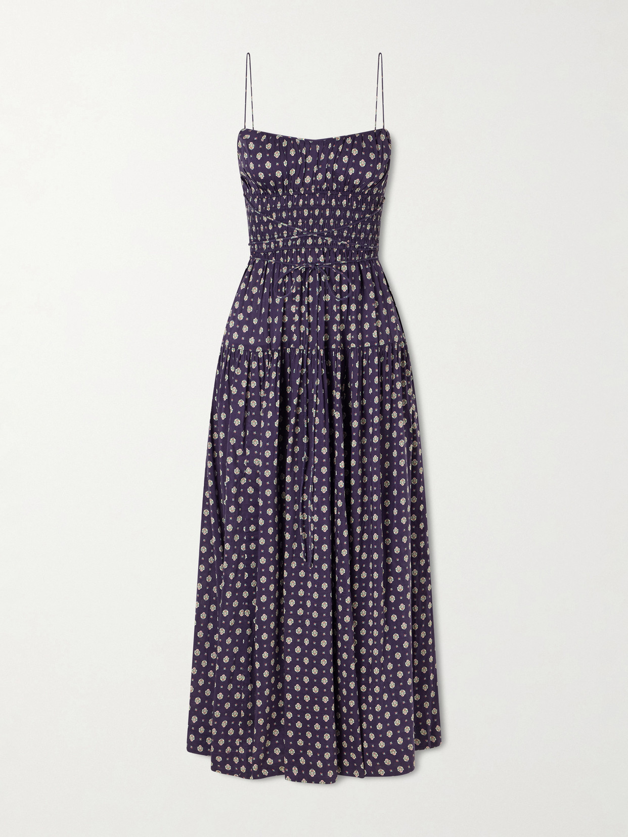 Doen Safia Smocked Printed Cotton And Silk-blend Voile Maxi Dress In Blue