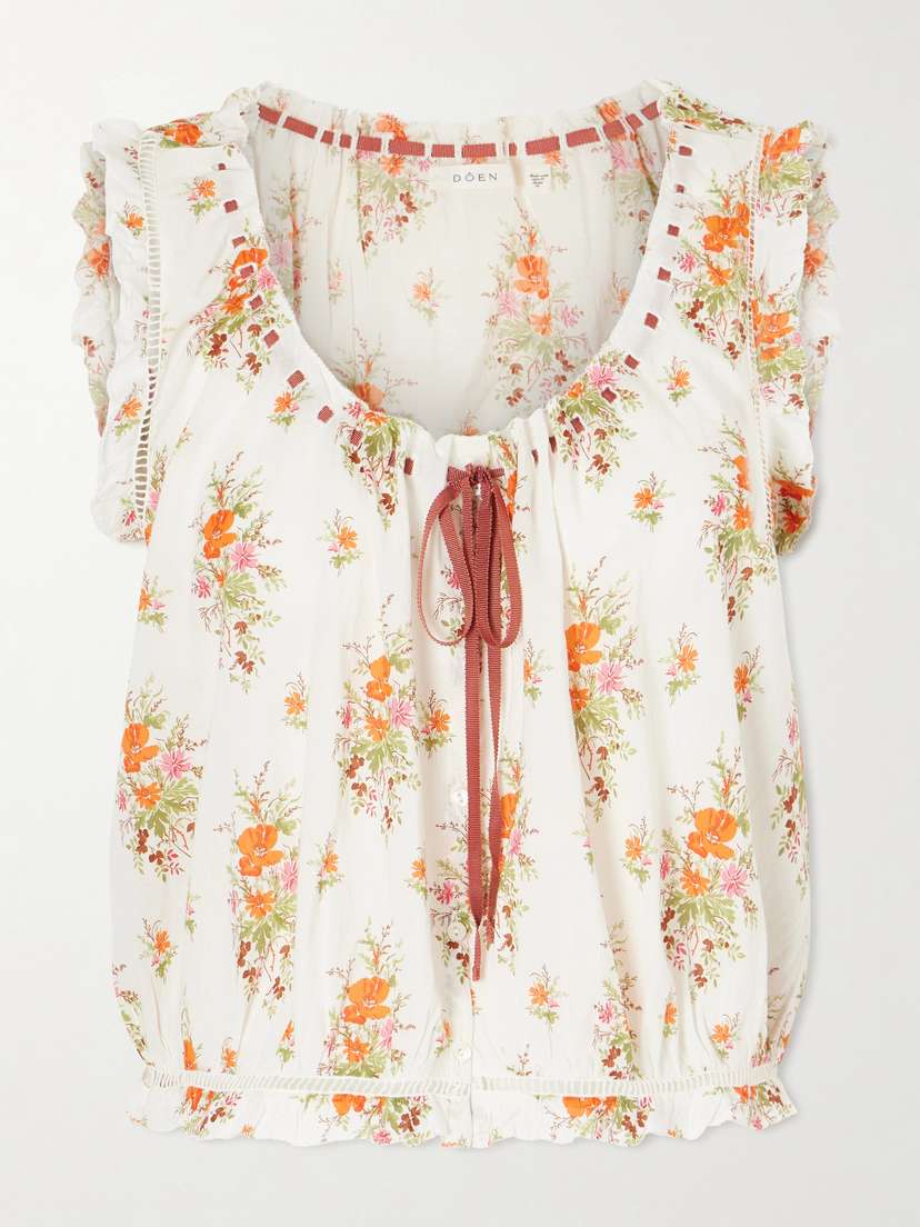 DÔEN Traveler Embroidered Floral-print Organic Cotton Blouse