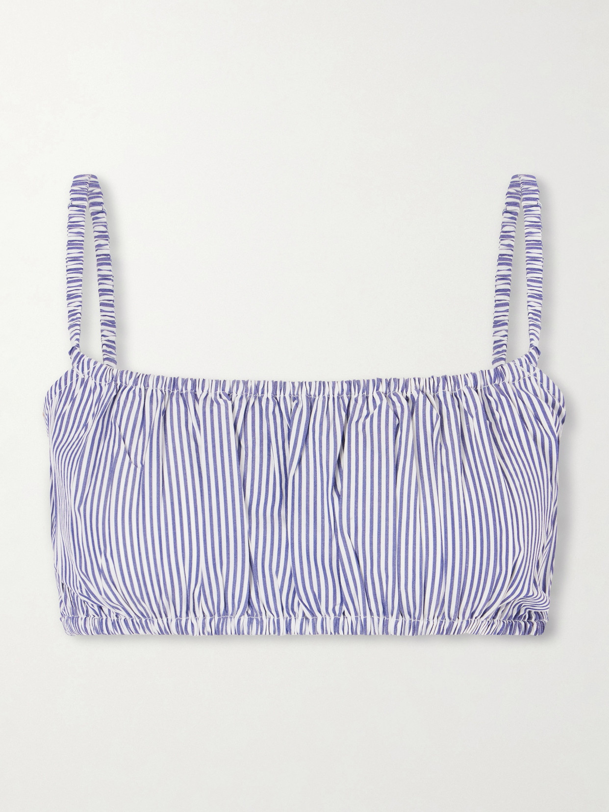 Suzie Kondi Bea Shirred Striped Cotton-poplin Bandeau Top In Blue