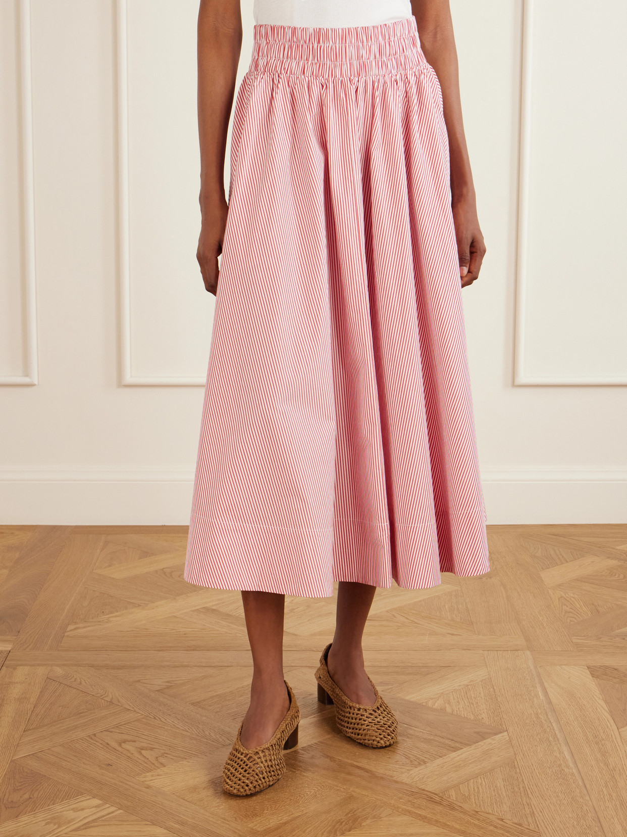 Kyria Shirred Striped Cotton-Poplin Midi