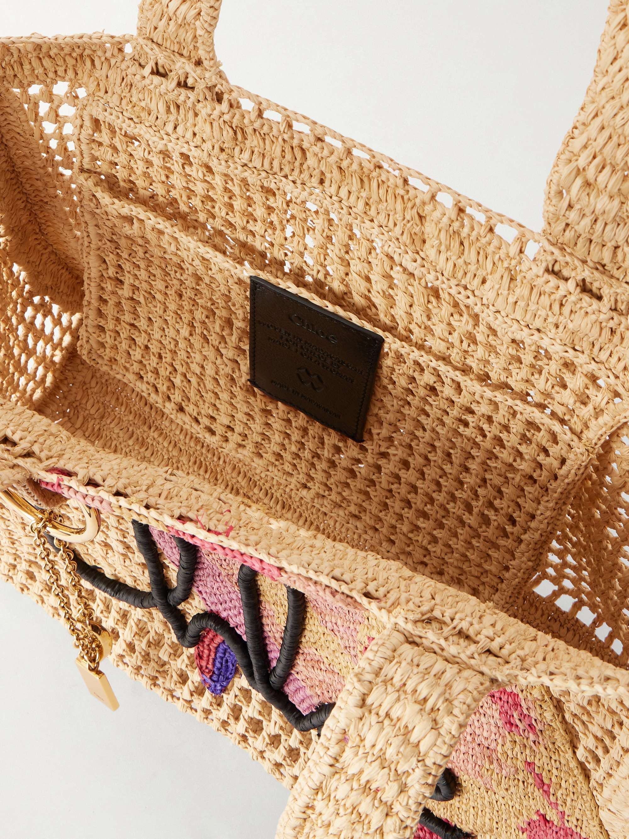 CHLOÉ Embellished leather-trimmed raffia tote bag | NET-A-PORTER