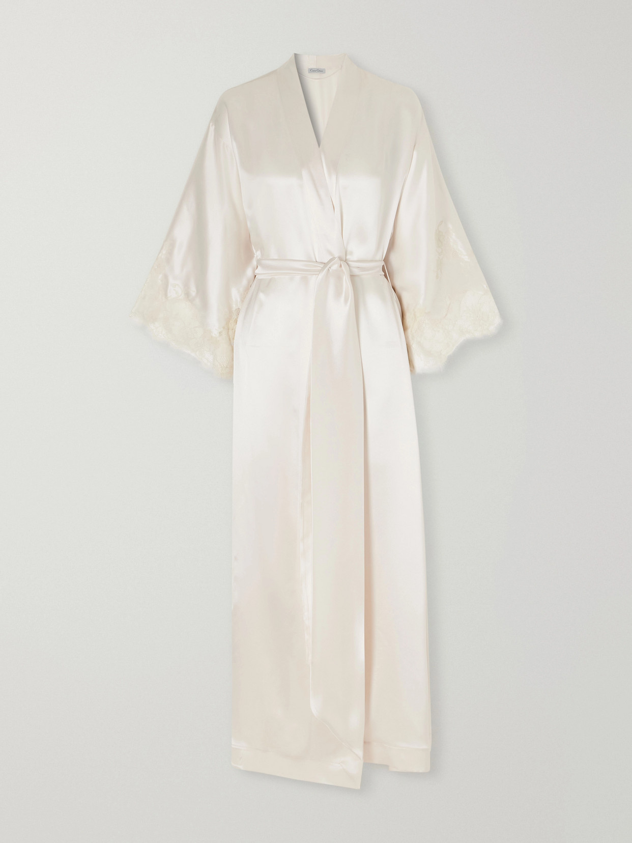 Carine Gilson Belted Lace-trimmed Silk-satin Robe In Neutral