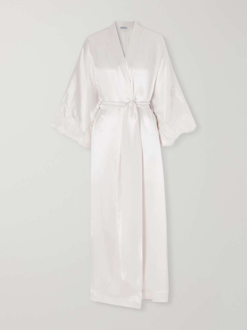 Carine Gilson Belted Lace-trimmed Silk-satin Robe