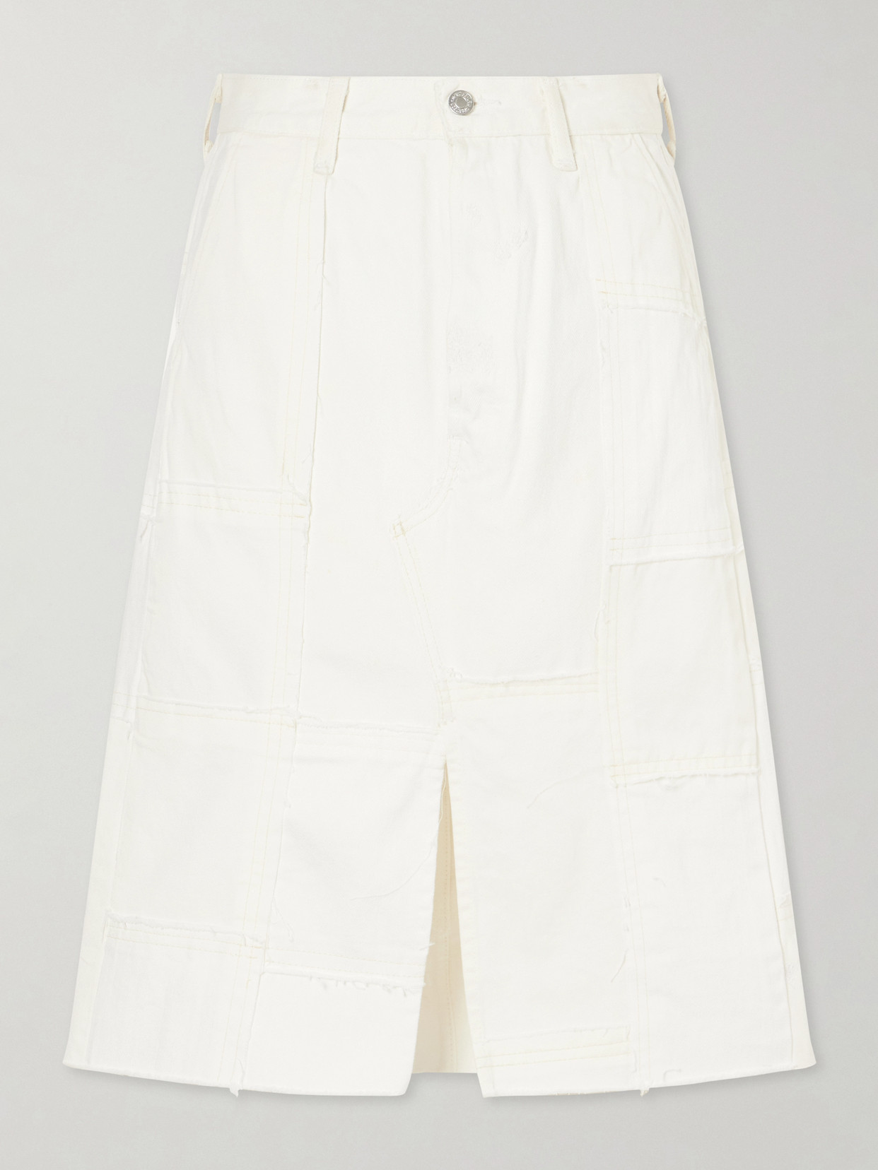 B Sides Madras Distressed Denim Midi Skirt In White