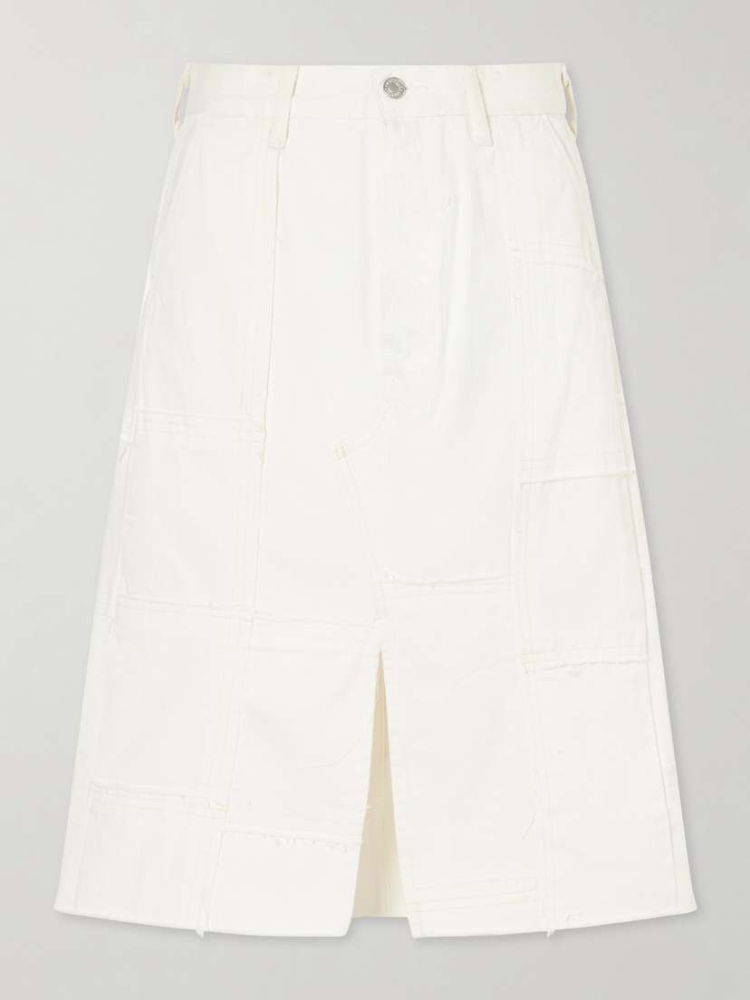 B SIDES Madras Distressed Denim Midi Skirt
