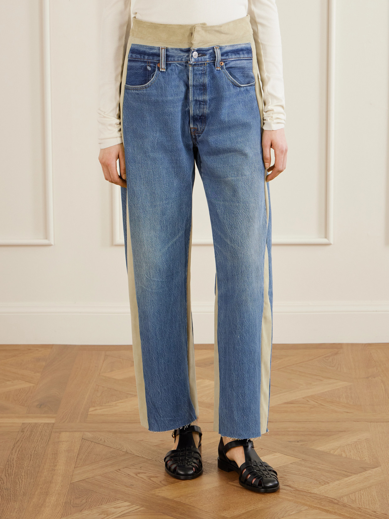 Double Waistband Rework Suede-Trimmed Wide- Leg