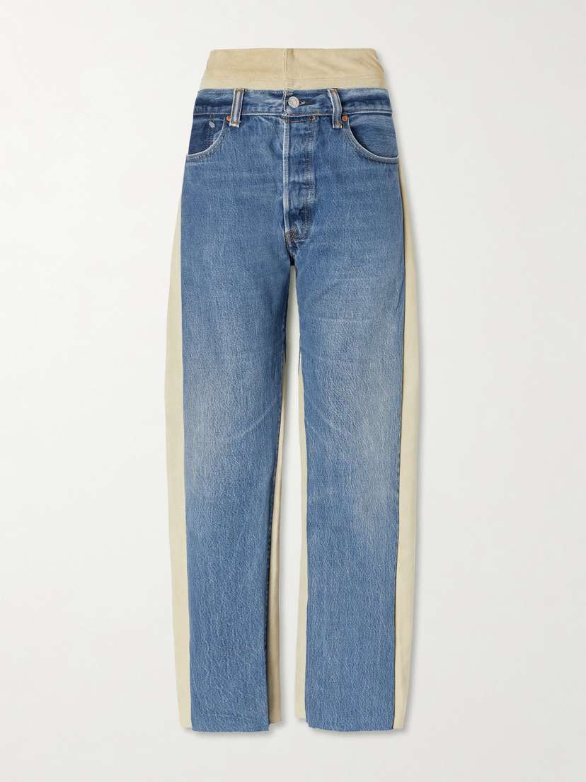 B SIDES Double Waistband Rework Suede-trimmed Wide-leg Jeans