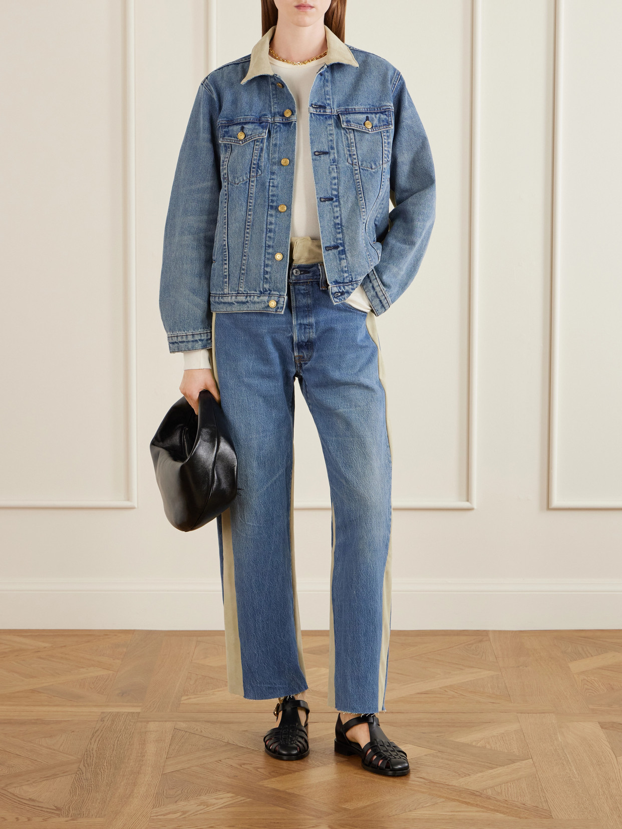 Double Waistband Rework Suede-Trimmed Wide- Leg