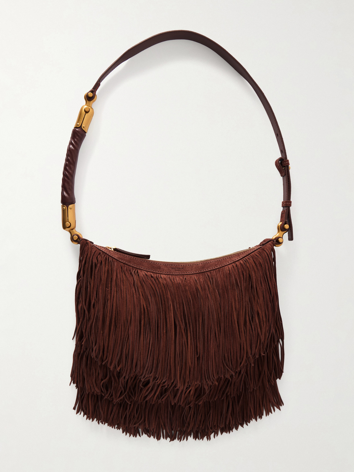 Balmain Ebene Fringed Suede Shoulder Bag In Brown