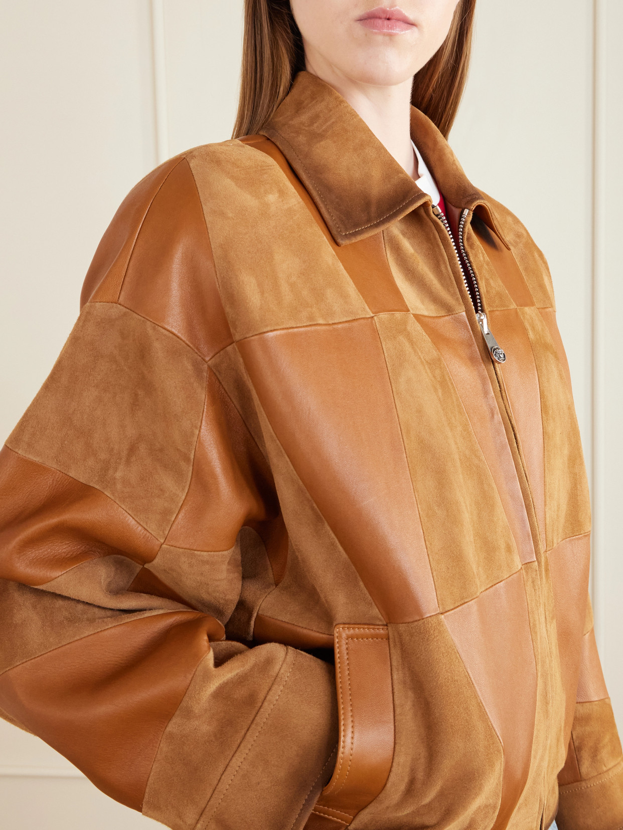 Versace Silk Nylon Patchwork Coat Elasticated Hem In Brown