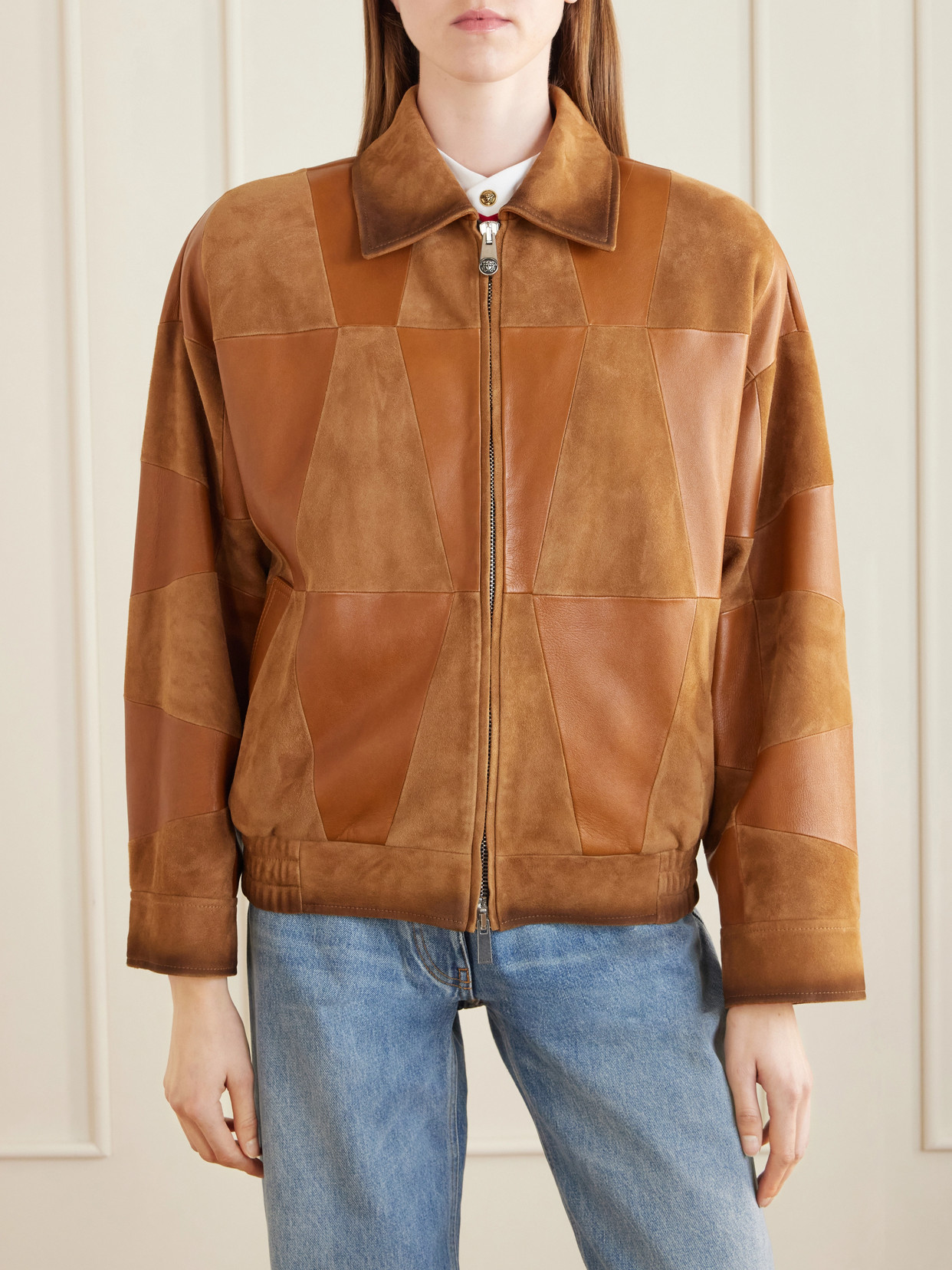 Versace Silk Nylon Patchwork Coat Elasticated Hem In Brown