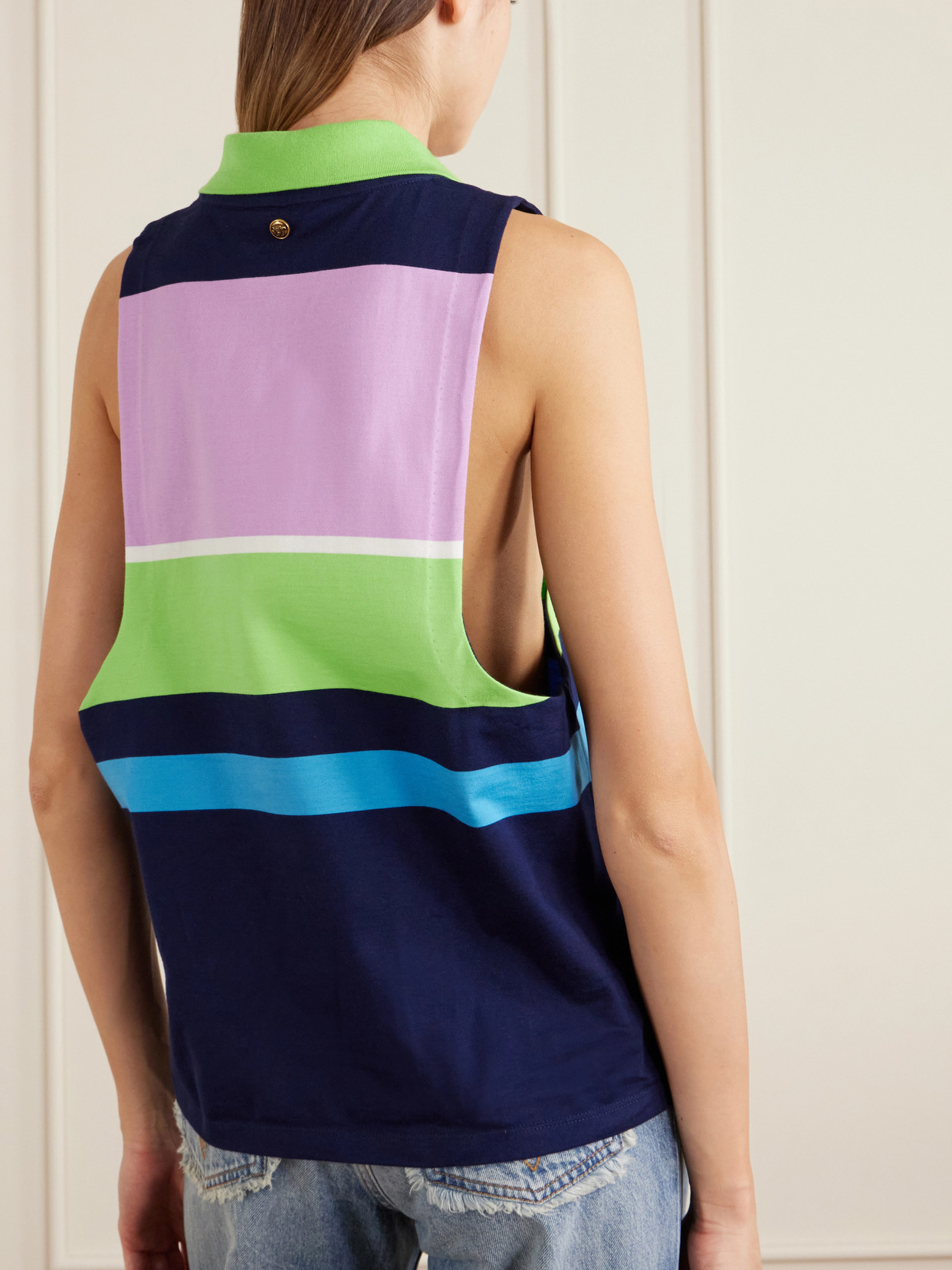 Versace Sleeveless Embroidered Striped Cotton T-shirt In Multi