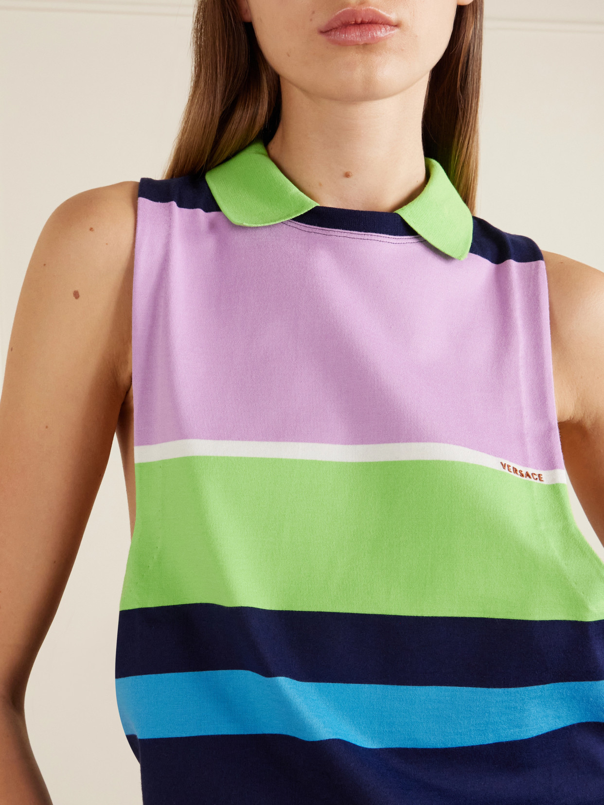 Versace Sleeveless Embroidered Striped Cotton T-shirt In Multi