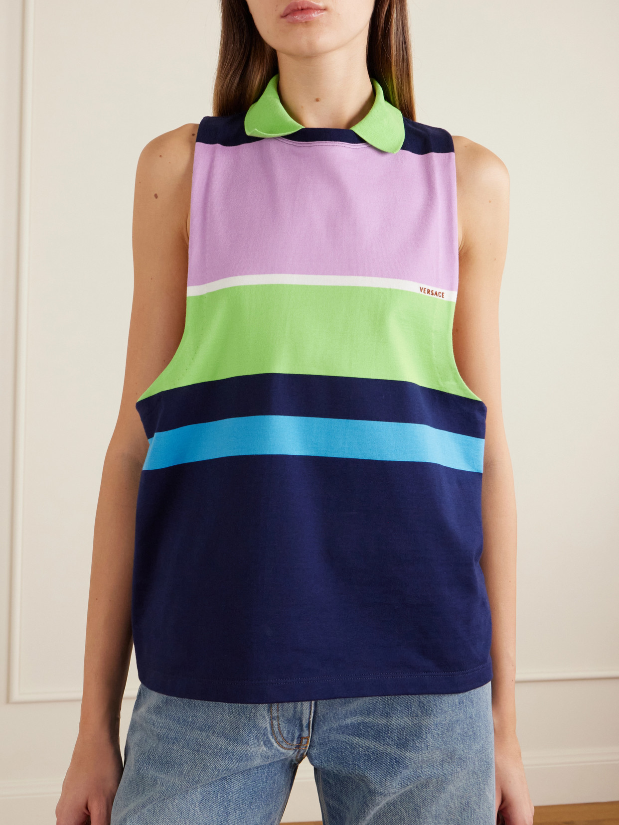 Versace Sleeveless Embroidered Striped Cotton T-shirt In Multi