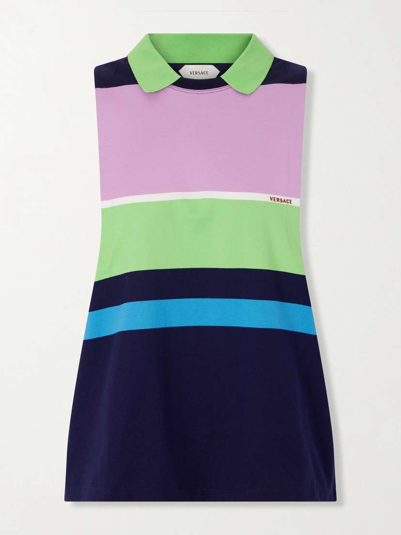 Versace Sleeveless Embroidered Striped Cotton T-shirt