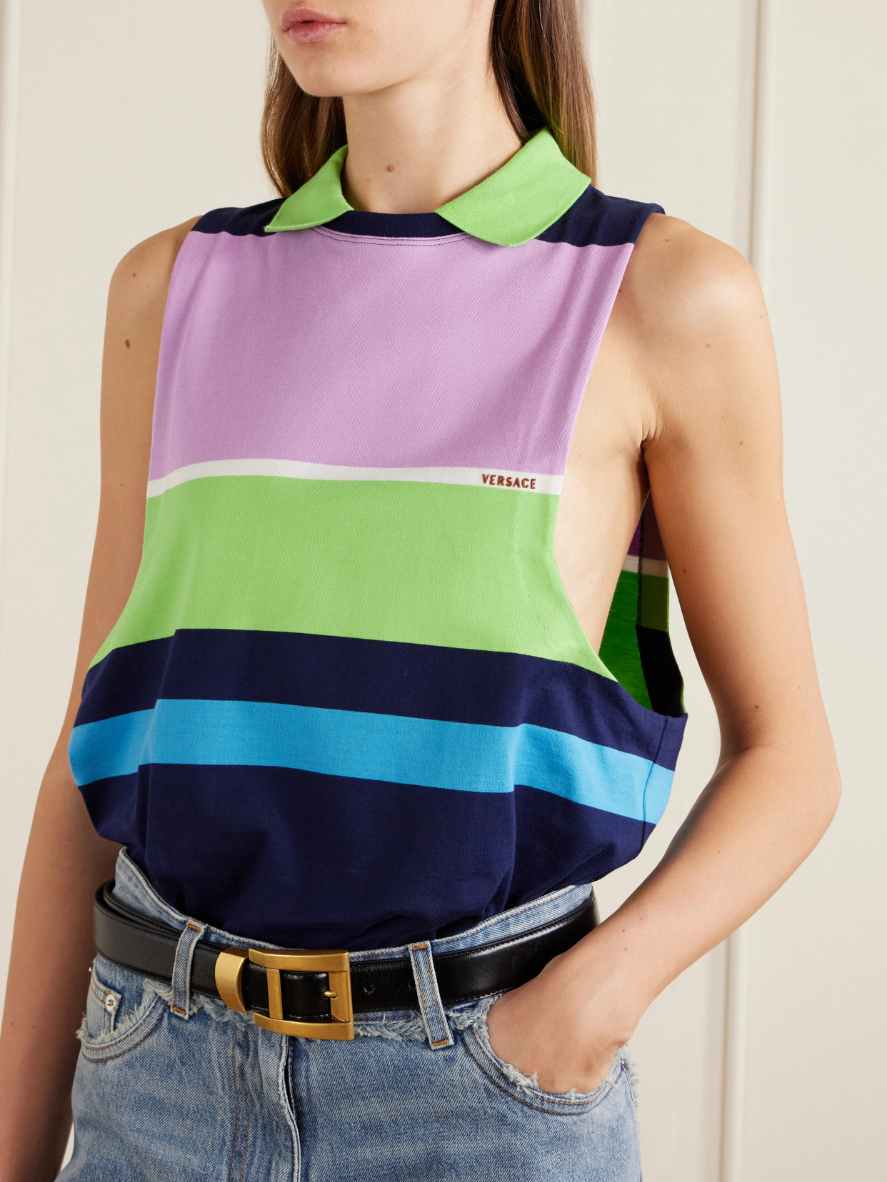 Versace Sleeveless Embroidered Striped Cotton T-shirt In Multi