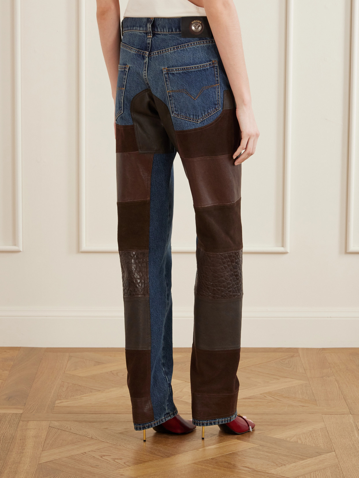 Leather-Trimmed Mid-Waist Straight-Leg Jeans