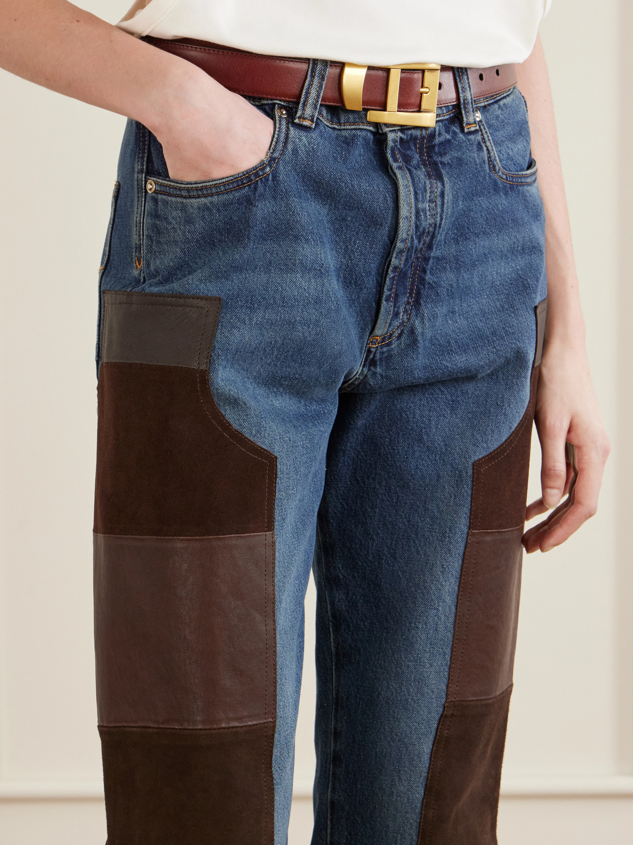 Leather-Trimmed Mid-Waist Straight-Leg Jeans
