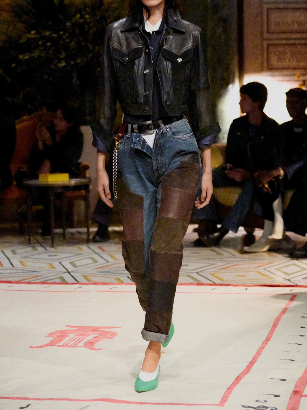 Leather-Trimmed Mid-Waist Straight-Leg Jeans