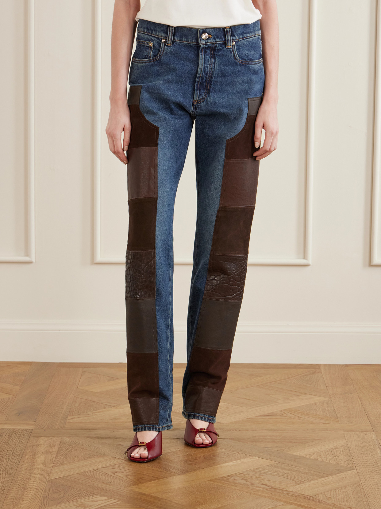 Leather-Trimmed Mid-Waist Straight-Leg Jeans