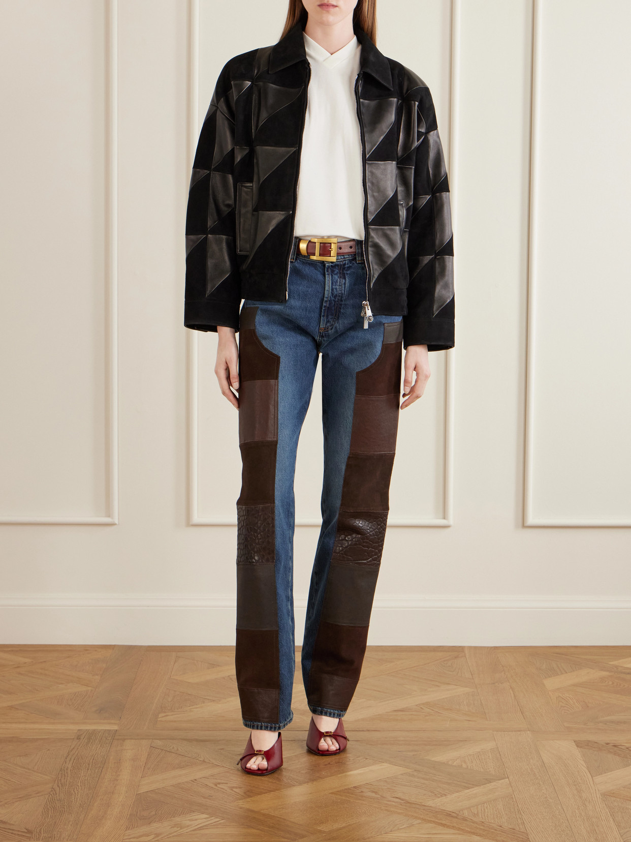 Leather-Trimmed Mid-Waist Straight-Leg Jeans