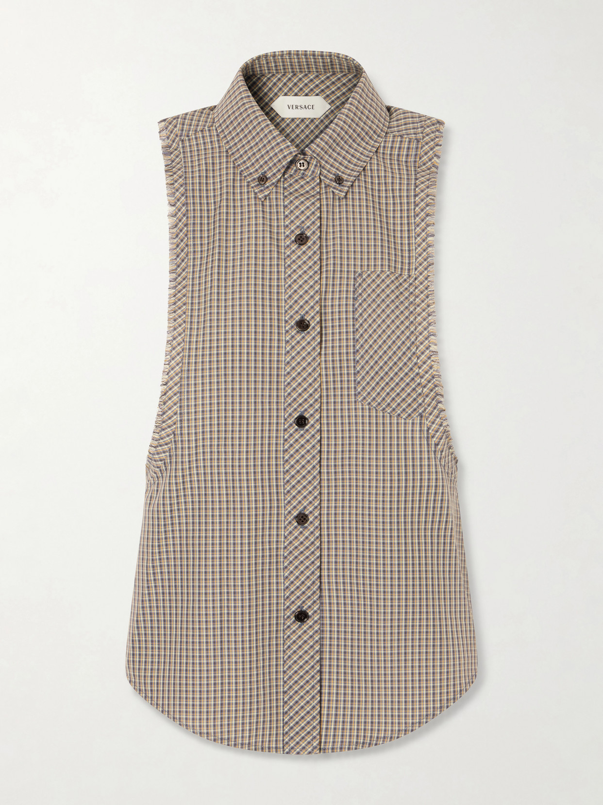 Versace Sleeveless Frayed Checked Shirt In Brown
