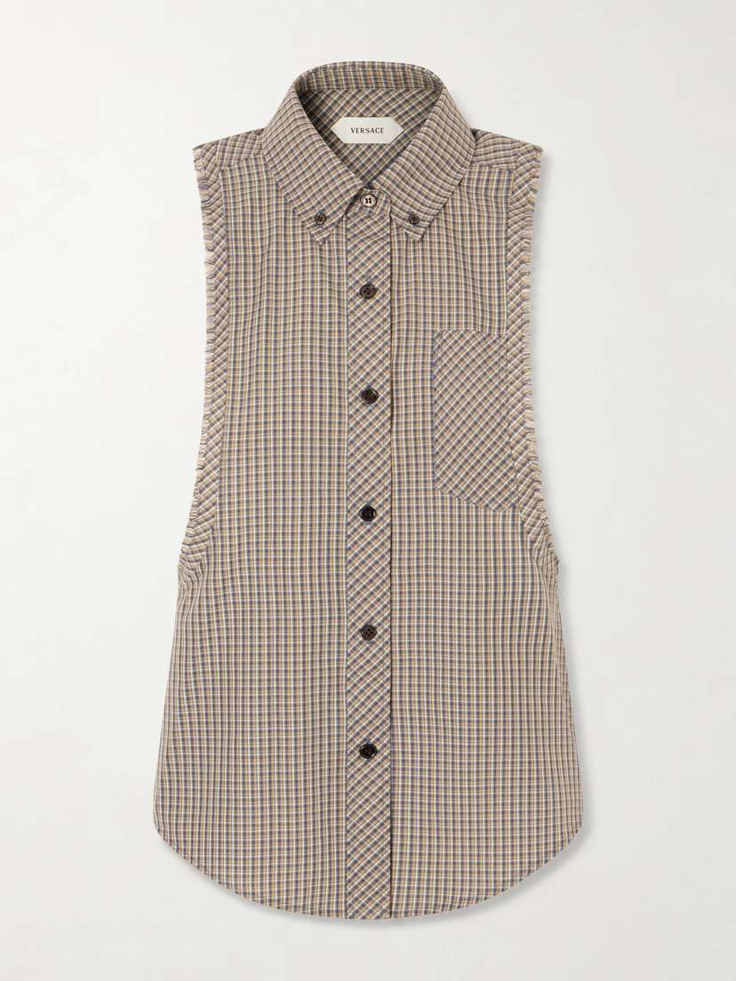 Versace Sleeveless Frayed Checked Shirt