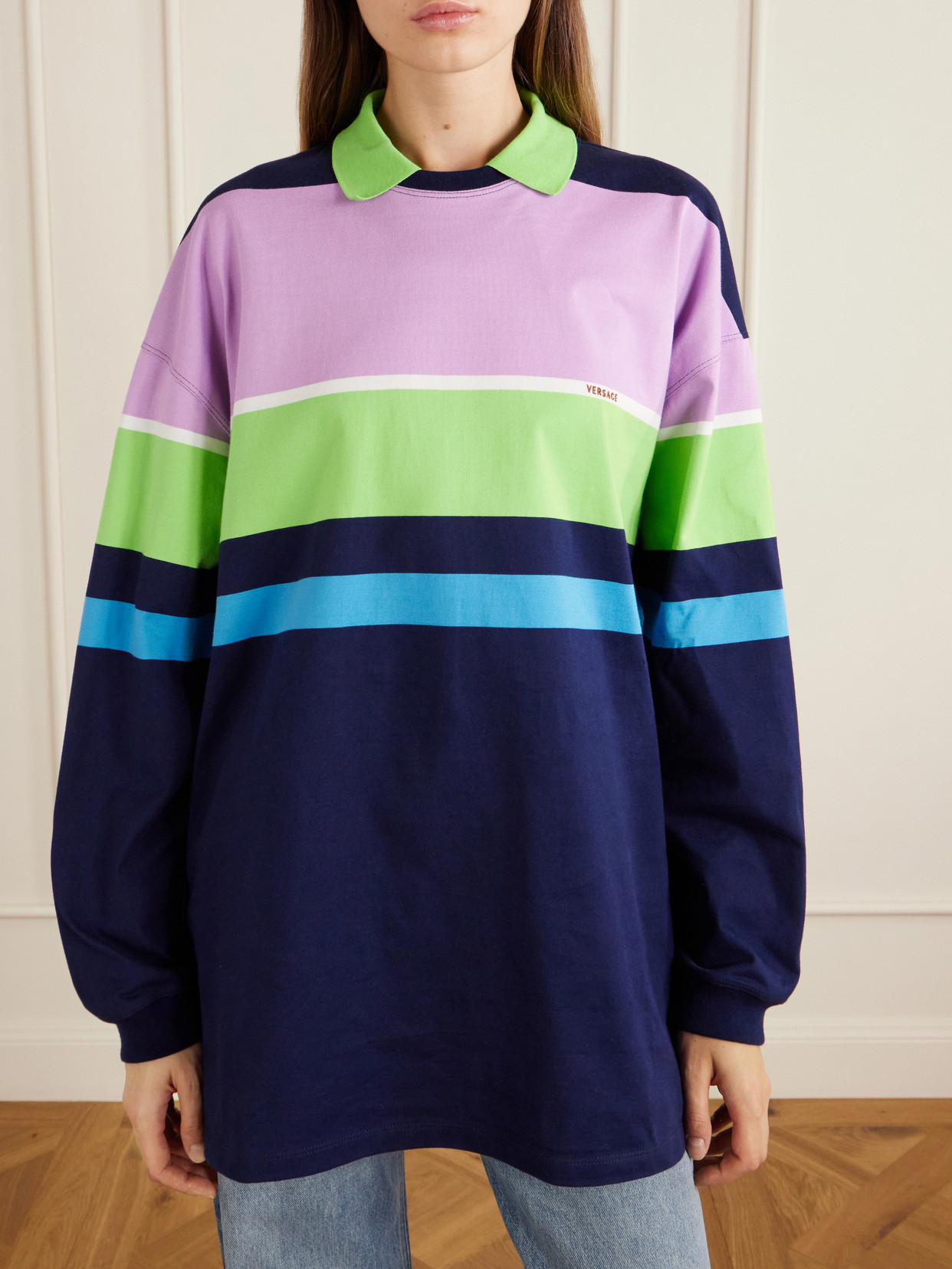 Versace Color-block Striped Long-sleeve Cotton Mini Dress In Multi