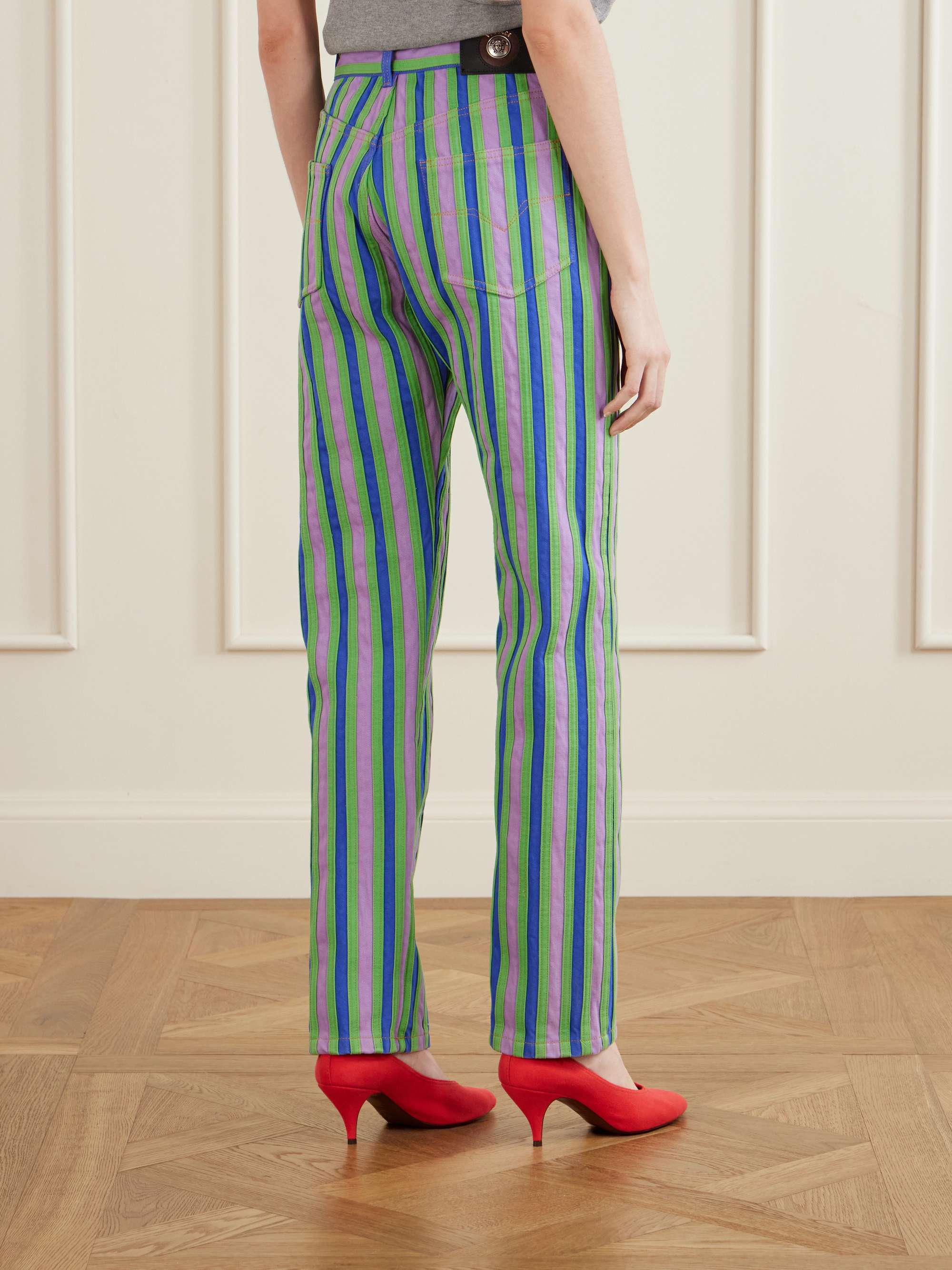 VERSACE Striped paneled mid-rise straight-leg jeans | NET-A-PORTER display picture 1