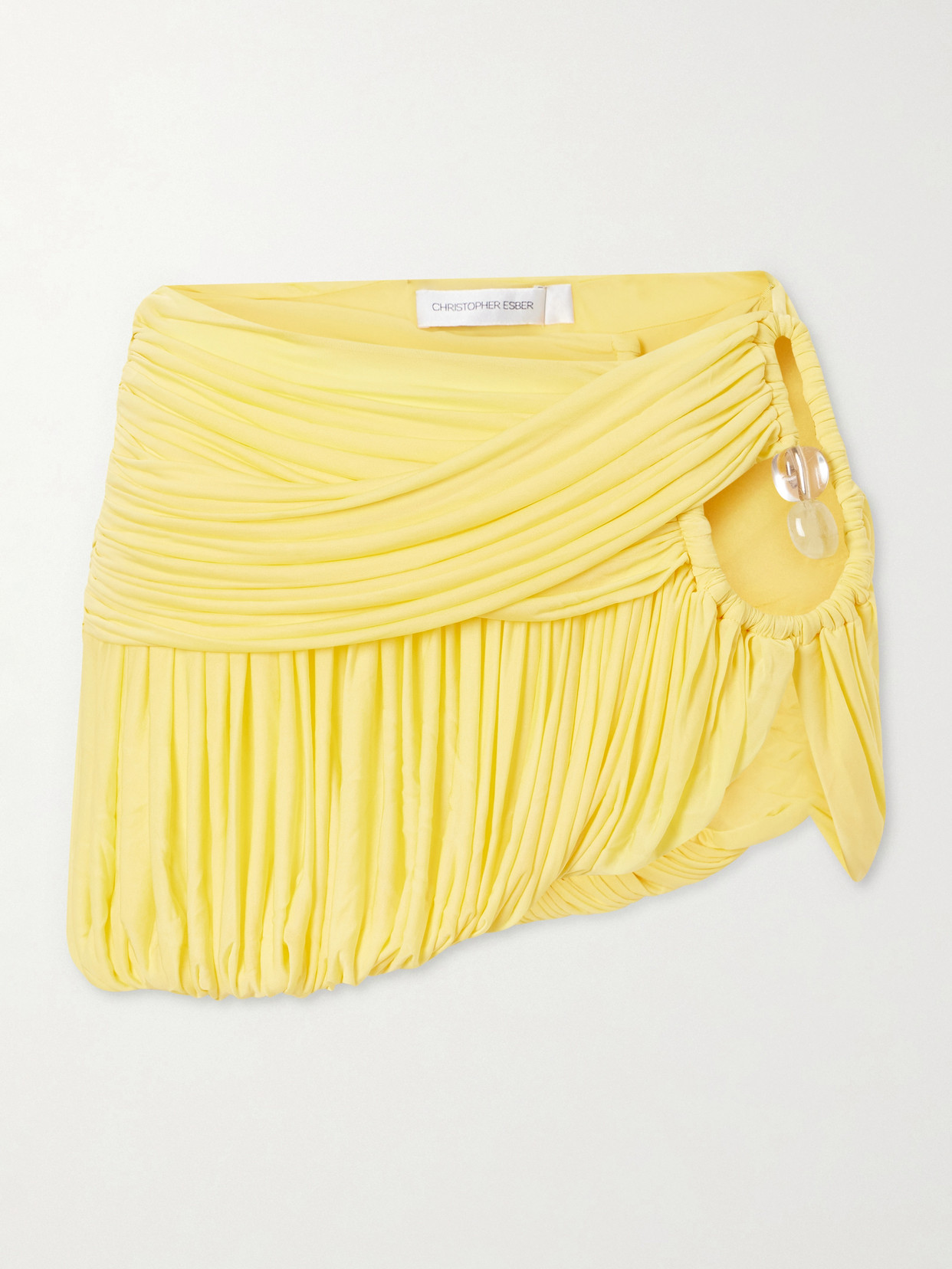 Christopher Esber Embellished Cutout Pleated Jersey Mini Skirt In Yellow