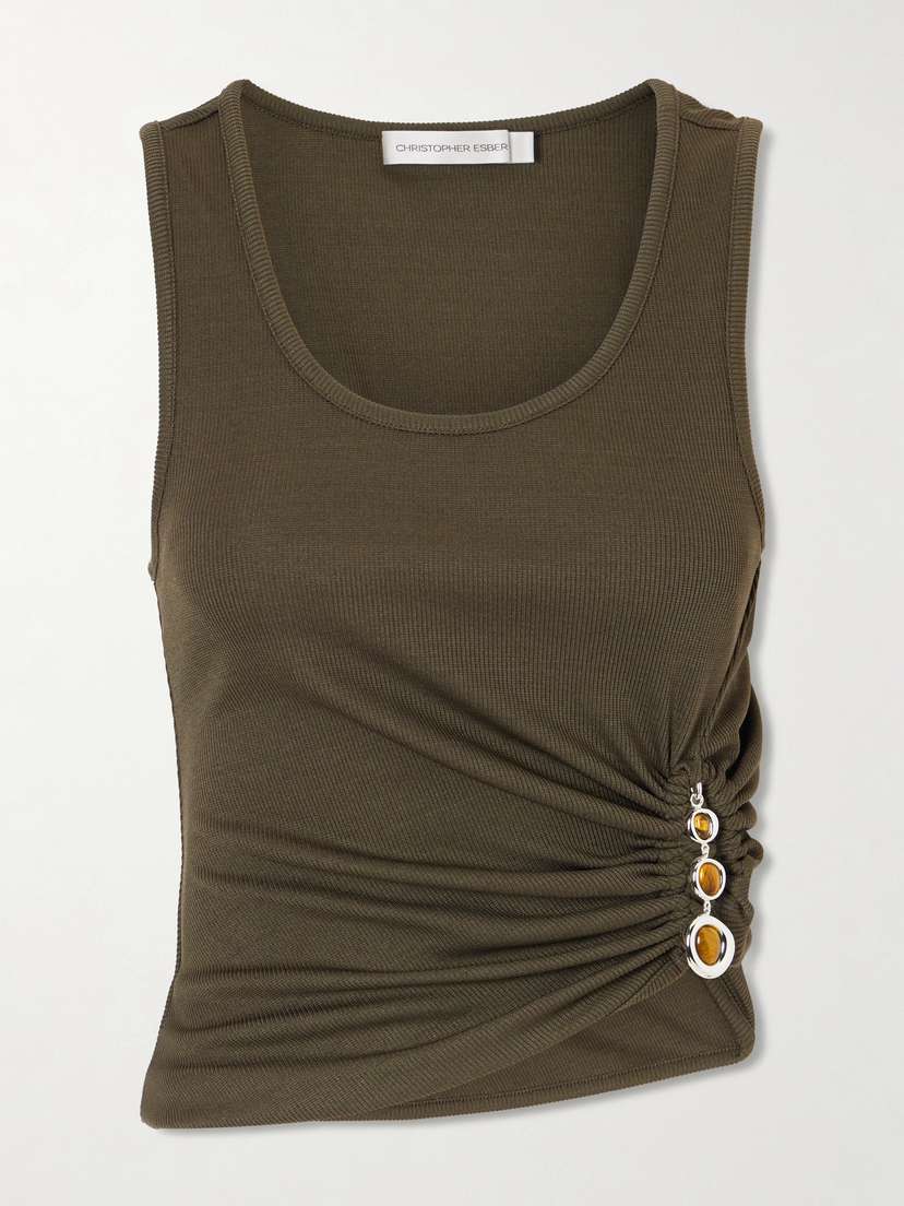 Christopher Esber Droplet Embellished Ruched Ribbed-jersey Tank
