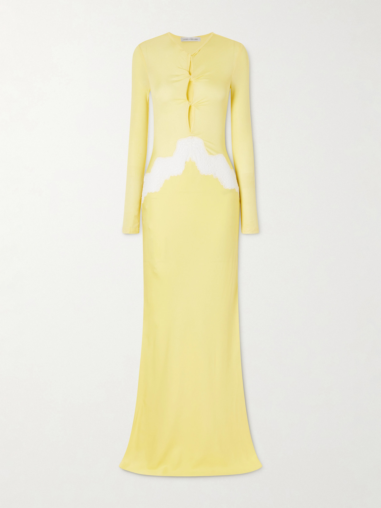 Christopher Esber Twisted-front Cutout Lace-trimmed Ribbed-knit And Crepe Gown In Yellow