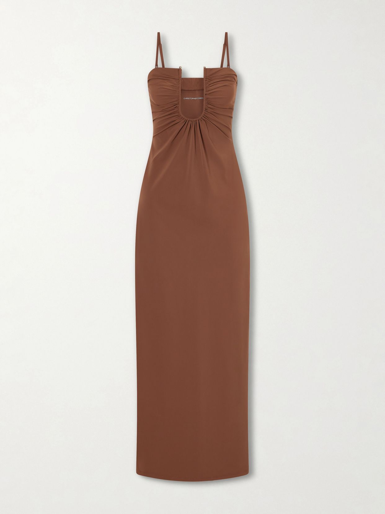Arced ruched satin maxi dress
