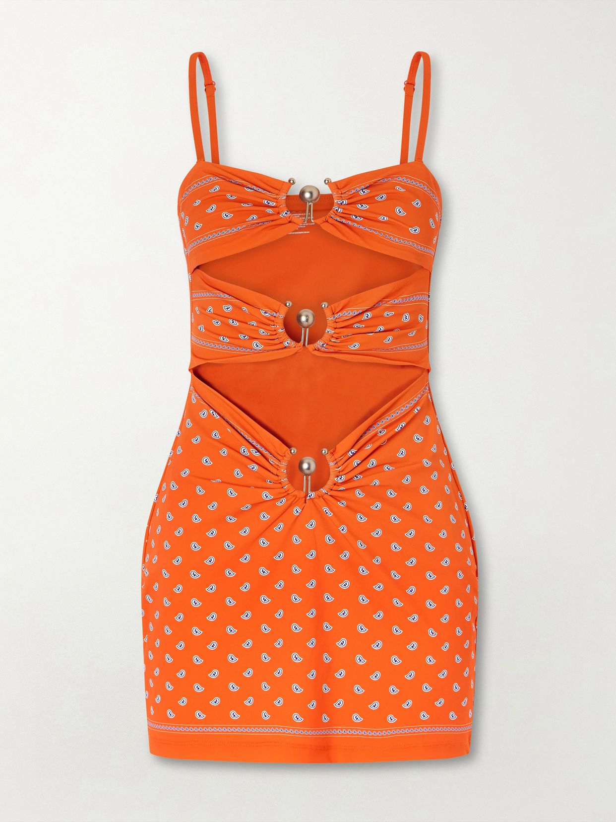 Orbit embellished ruched cutout printed stretch-jersey mini dress