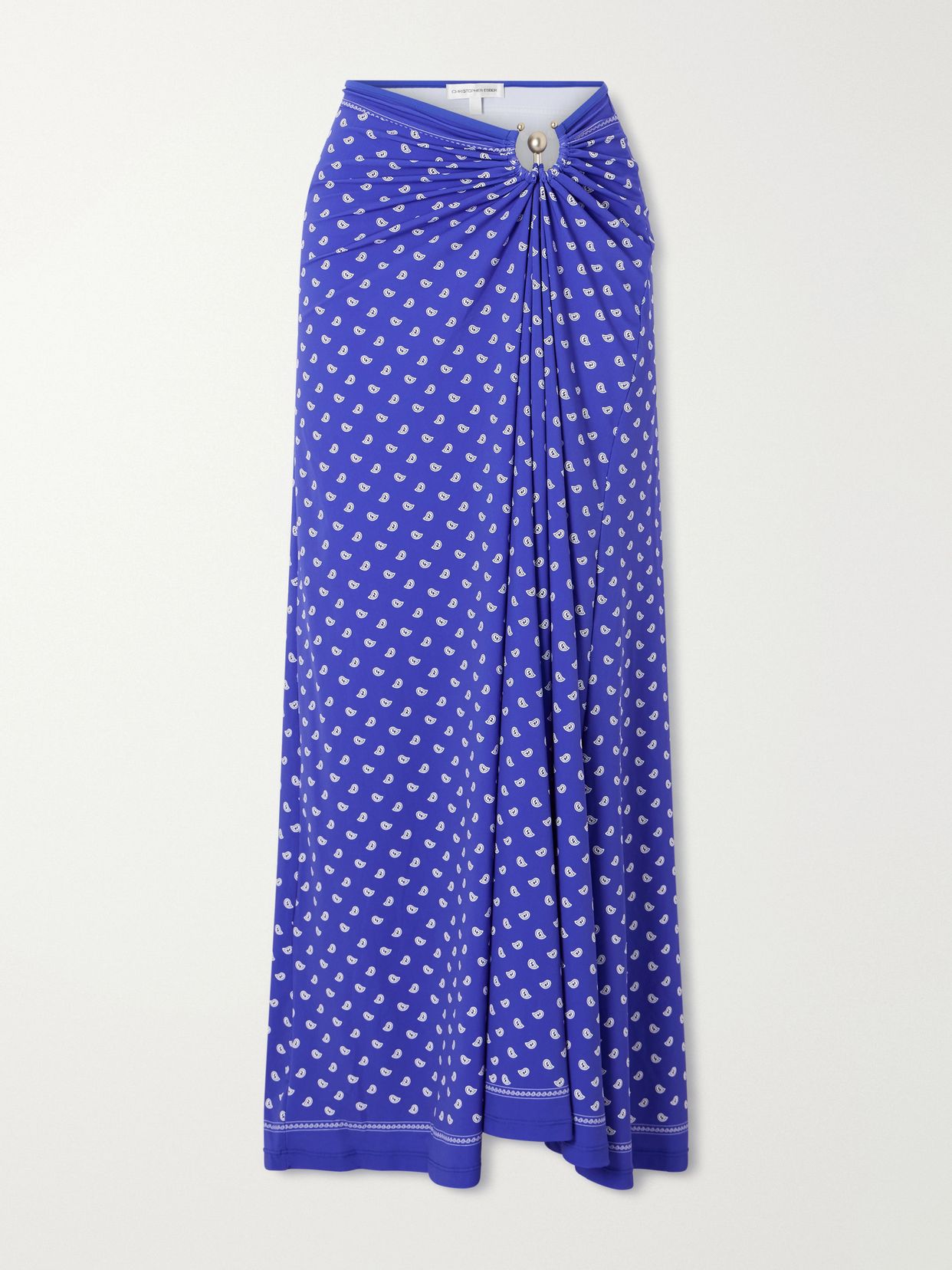 Orbit embellished ruched printed stretch-jersey maxi skirt