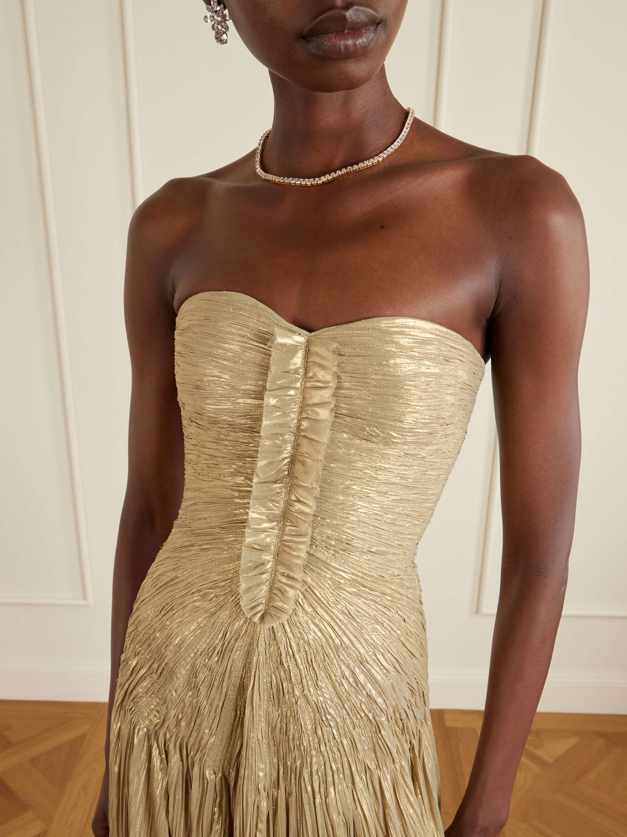 Marmar Halim Draped Pleated Metallic Silk-georgette Gown - Women - Gold Dresses - EU 36 Marmar Halim Draped Pleated Metallic Silk-georgette Gown - Women - Gold Dresses - EU 36