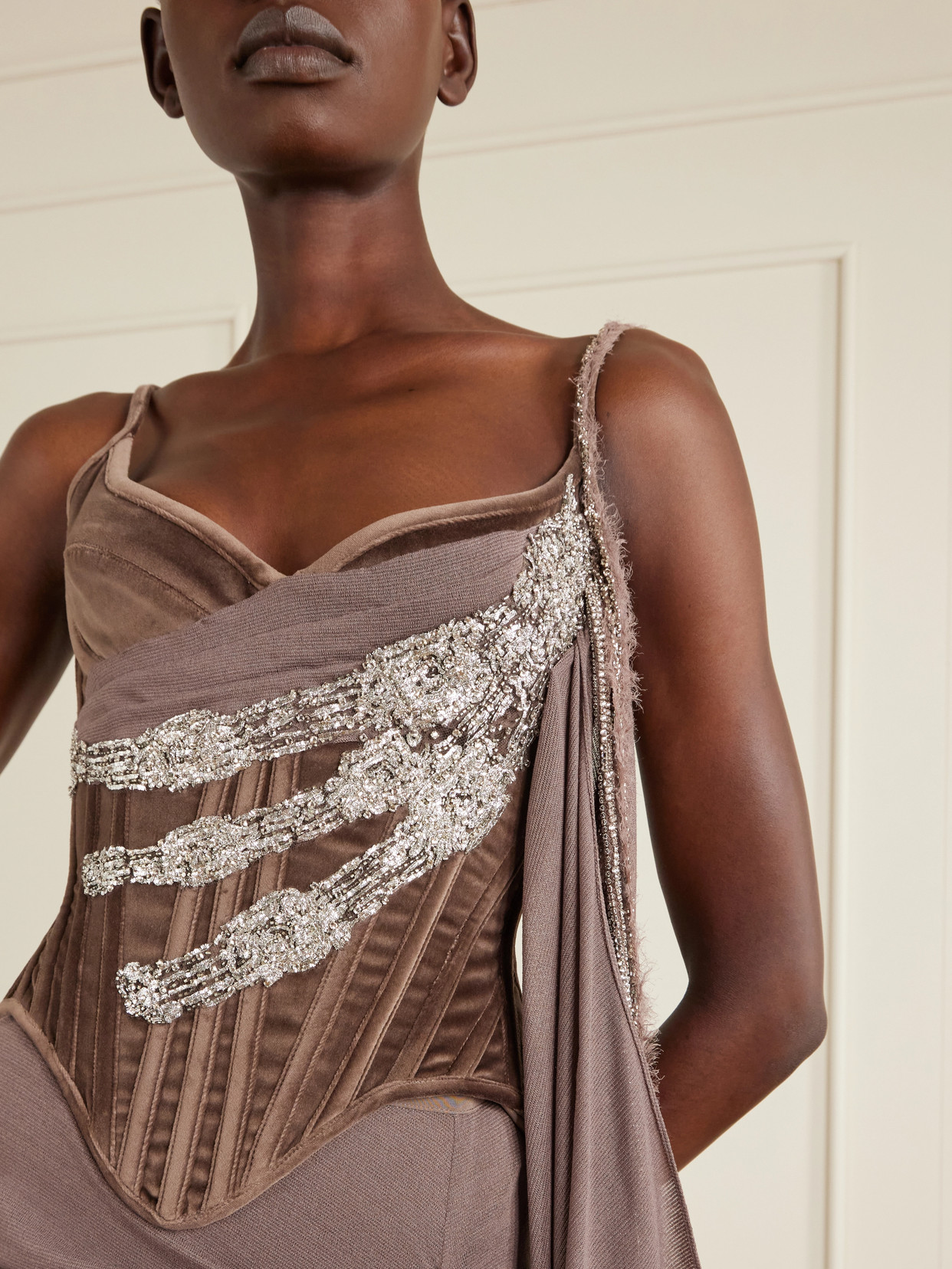 Tie-Detailed Embellished Cotton-Blend Velvet Corset Top