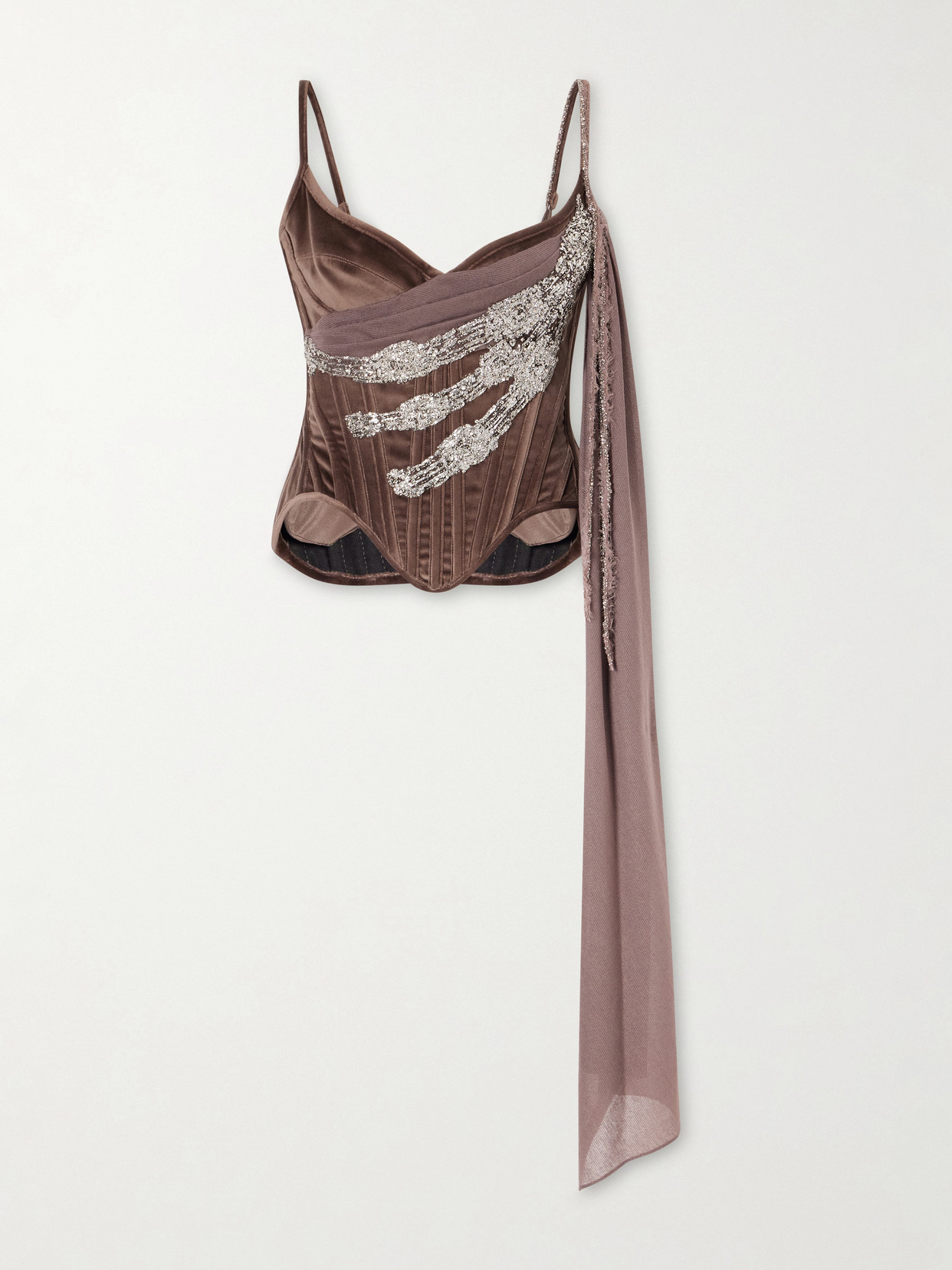 Tie-Detailed Embellished Cotton-Blend Velvet Corset Top
