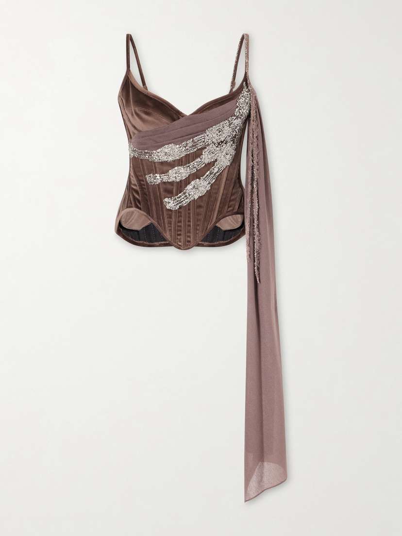 Wiederhoeft Tie-detailed Embellished Cotton-blend Velvet Corset Top