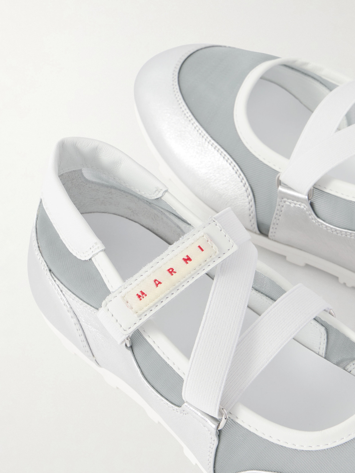 Metallic Leather-Trimmed Mesh Sneakers
