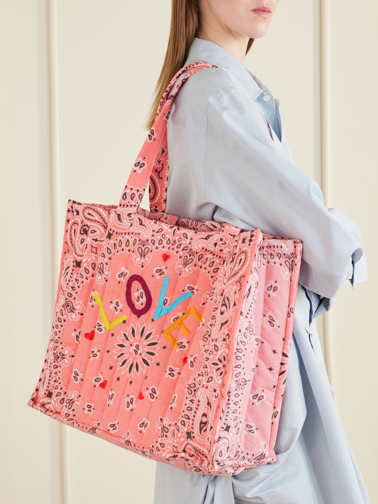 Cabas Maxi Embroidered Quilted Printed Cotton Tote Bag