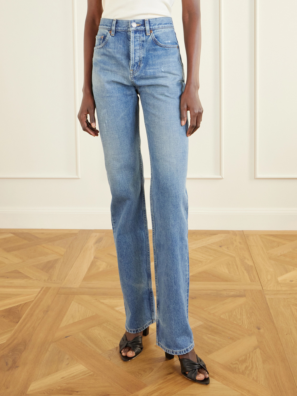 Saint Laurent Distressed High-rise Straight-leg Jeans In Blue