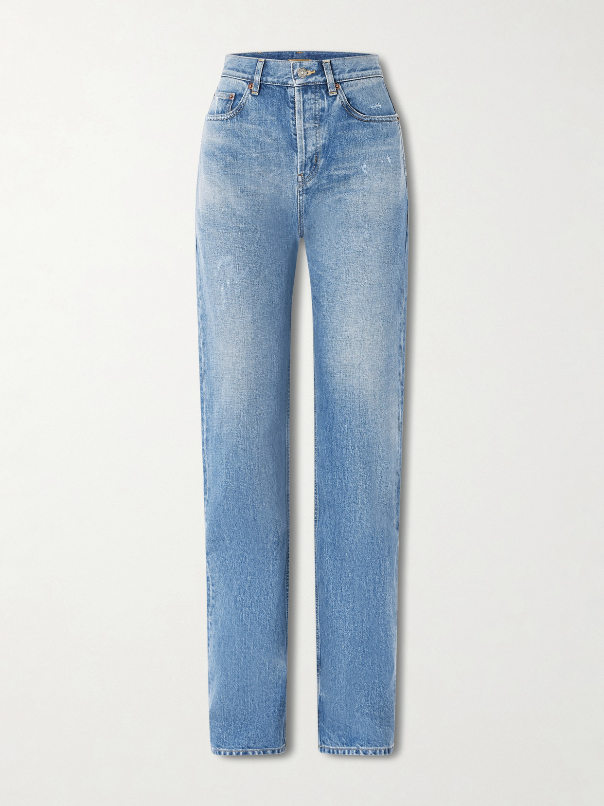 Saint Laurent Distressed High-rise Straight-leg Jeans In Blue