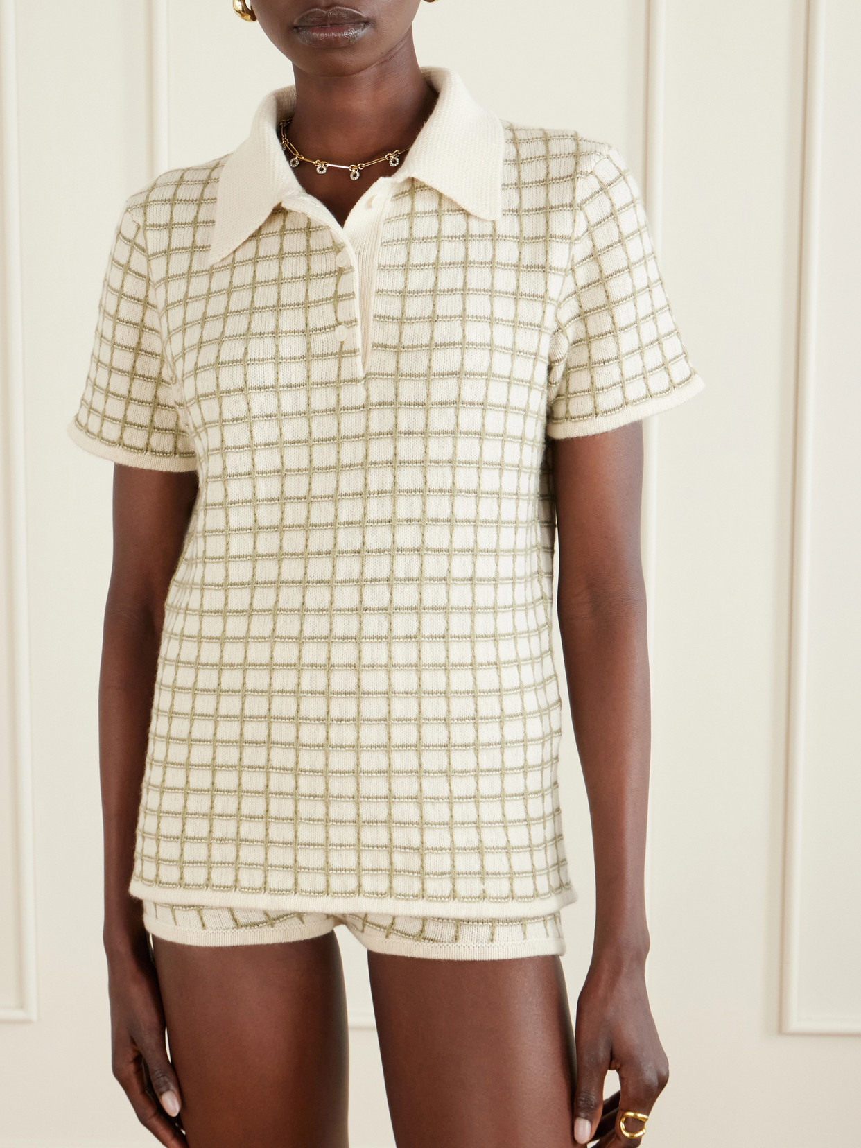 Ida Checked Cashmere Polo Sweater