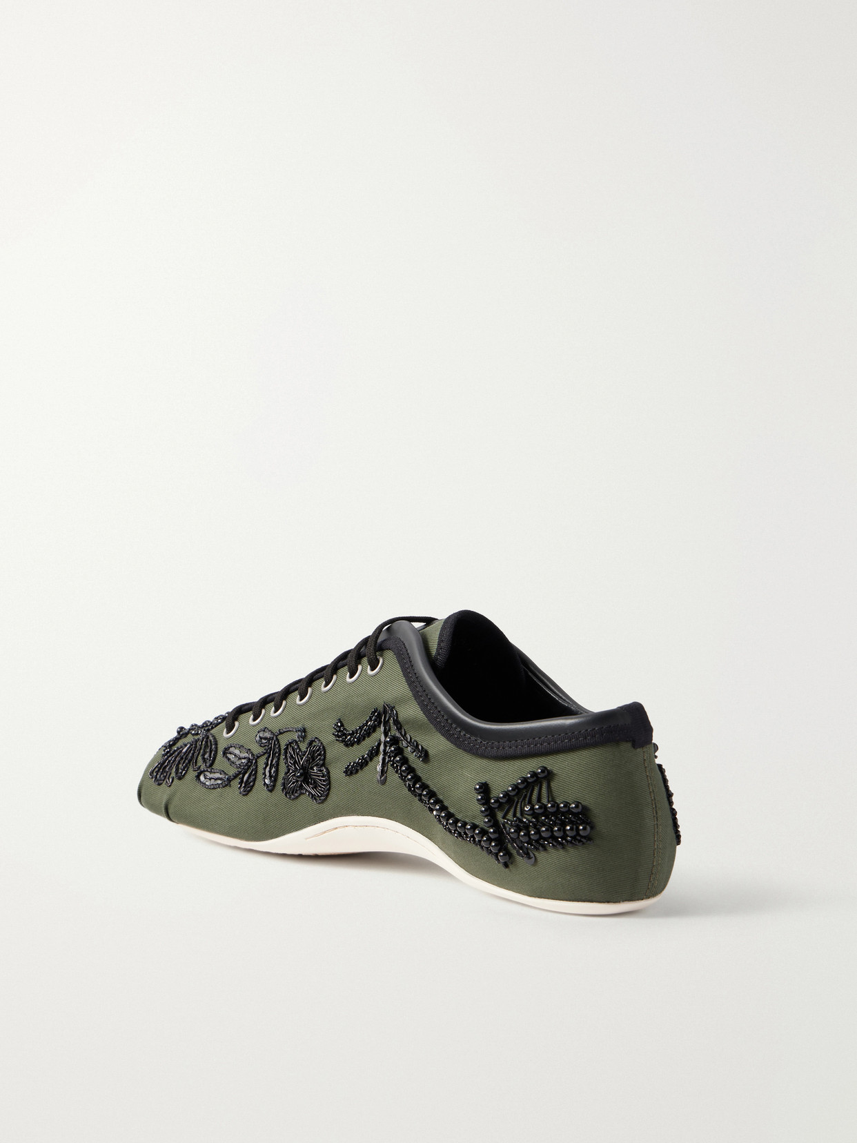 Bead-Embellished Leather-Trimmed Twill Sneakers