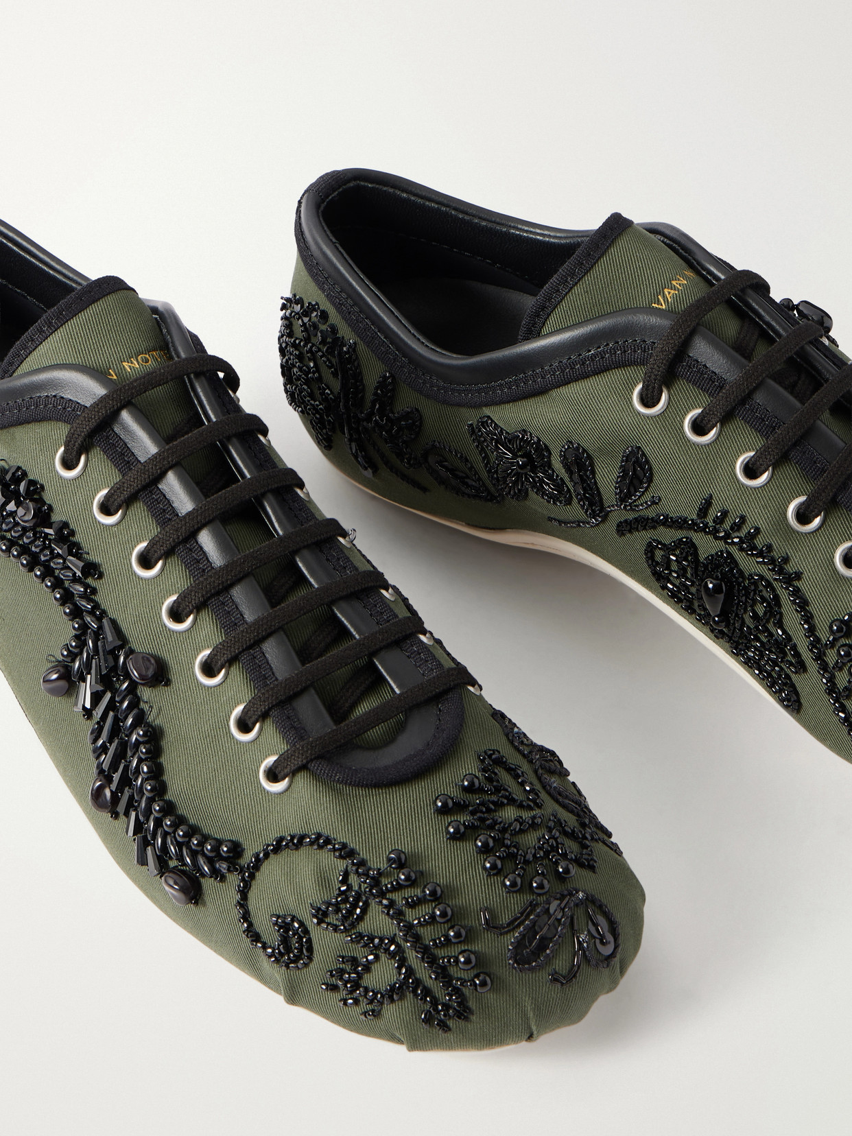 Bead-Embellished Leather-Trimmed Twill Sneakers
