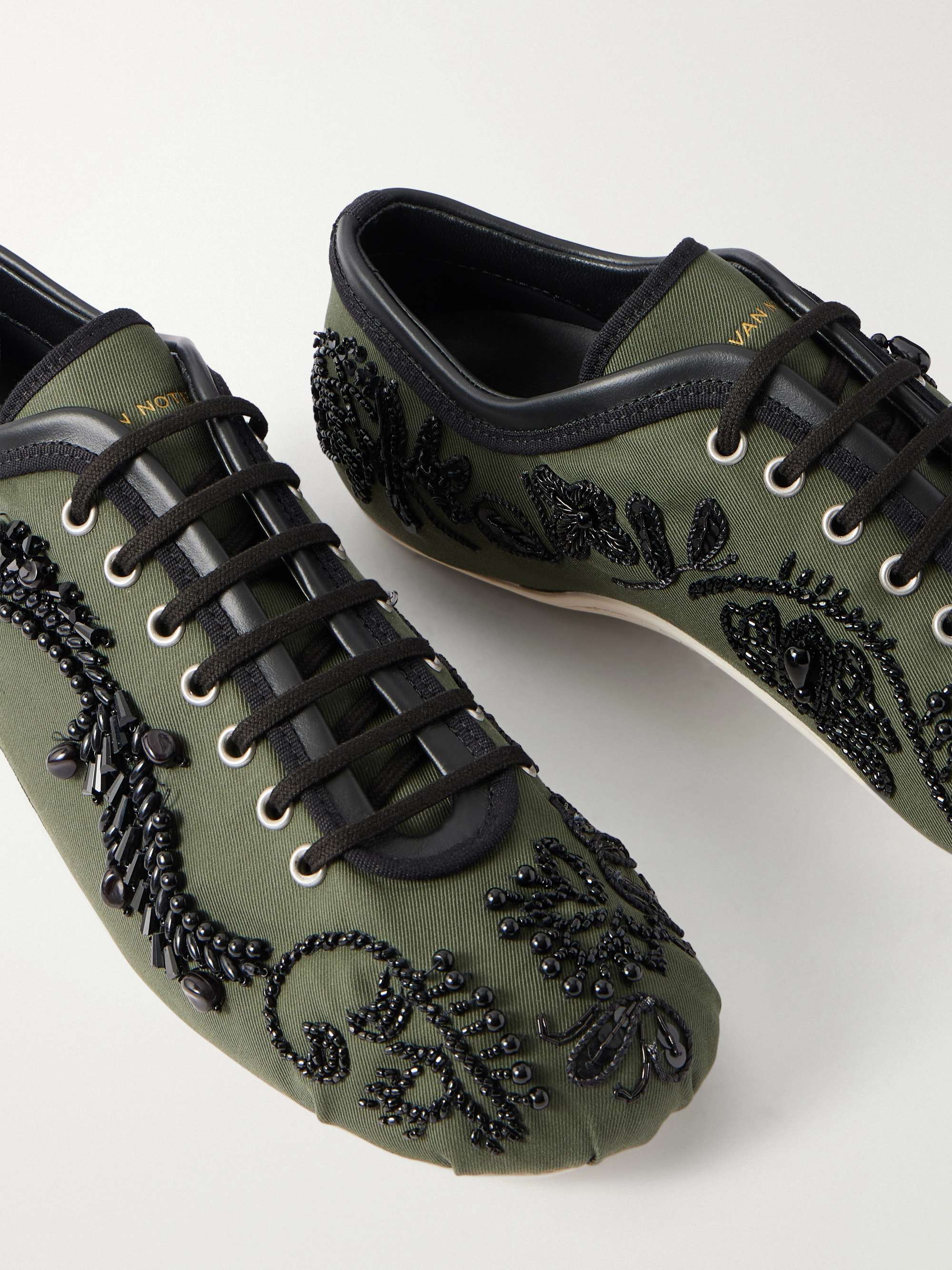 DRIES VAN NOTEN Bead-embellished leather-trimmed twill sneakers