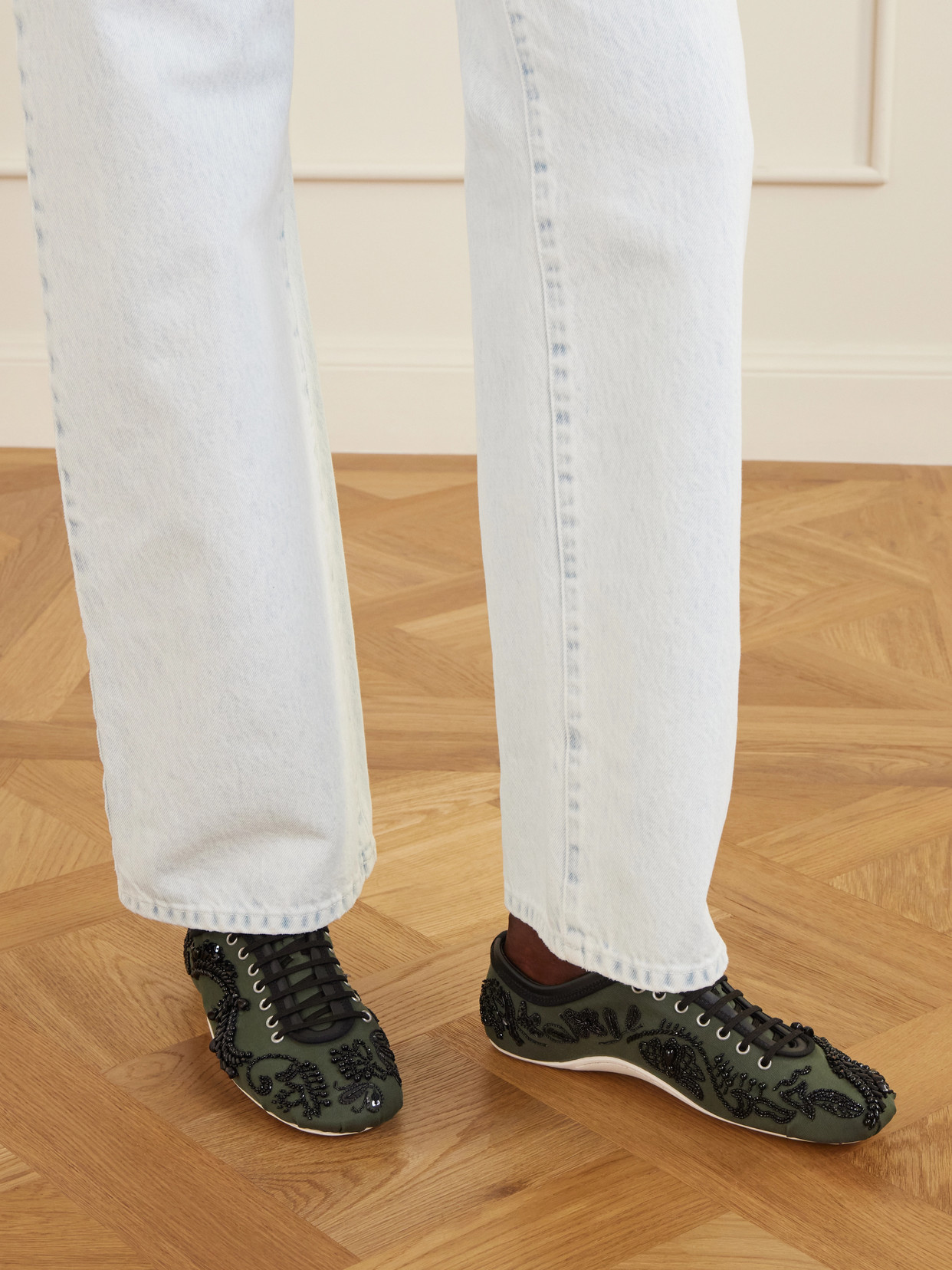 Bead-Embellished Leather-Trimmed Twill Sneakers